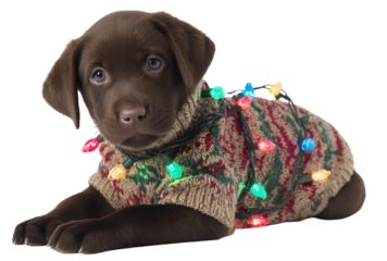 Adorable chocolate labrador puppy wearing knitted sweater tangled in colorful christmas lights on transparent background