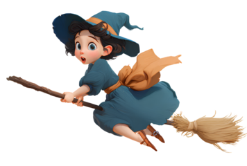 Animated young witch flies on her broomstick with whimsical charm and vibrant colors against transparent background