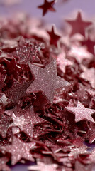 Close-up Vertical Image of Shiny Pink Glitter Star Confetti Piled on a Lilac Background