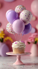 Whimsical Birthday Cupcake with Pastel Purple and Sprinkle Balloons on a Pink Background