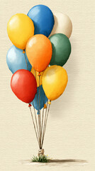 Watercolor Illustration of Colorful Textured Balloons Tied to a Small Patch of Grass on a Textured Cream Background