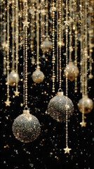 Elegant Christmas Decorations with Golden Glitter Ornaments and Hanging Stars on a Dark Background