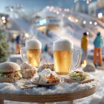 Disfrutar de cervezas fr&iacute;as y bocadillos en una estaci&oacute;n de esqu&iacute; durante un d&iacute;a nevado