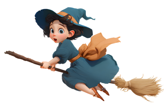 Animated young witch flies on her broomstick with whimsical charm and vibrant colors against transparent background