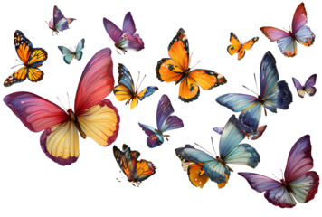 Assorted colorful butterflies collection with diverse patterns for art and nature designs isolated on transparent background
