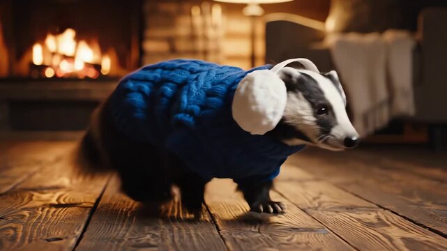 Playful medium shot of a badger waddling across a rustic wooden floor wearing a knitted blue sweater and fluffy winter earmuffs in a warm interior setting classic, warm interior setting, seasonal