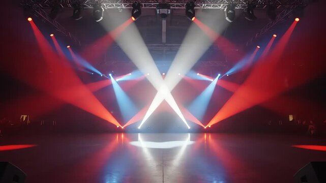 Powerful crisscrossing beams of intensely colored red, white, and blue stage lighting sweeping across a darkened event venue floor tech, white, glow