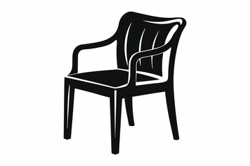 Monochrome illustration shows a simplistic black chair with armrests and a curved back