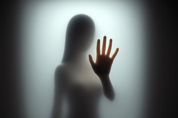 Shadow of female silhouette, hand pressed against opaque glass or frosted wall showing feeling of isolation fear and entrapment, book cover.