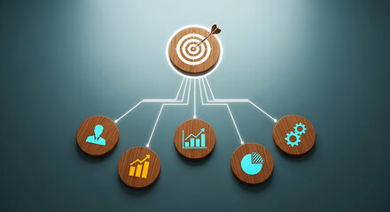 Target goal with connected business icons and data charts dart archery