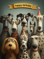 Funny birthday card, cartoon dogs with big eyes and party hats with greeting banner.