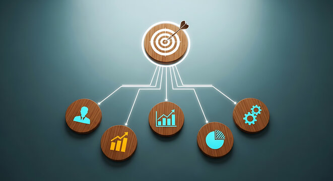 Target goal with connected business icons and data charts dart archery