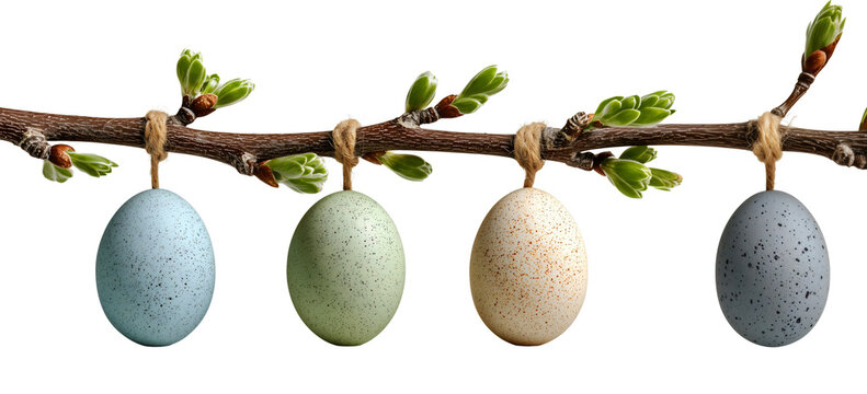 Pastel speckled Easter eggs hanging on willow branch with fresh green buds, minimalist spring holiday decoration isolated on transparent background. PNG