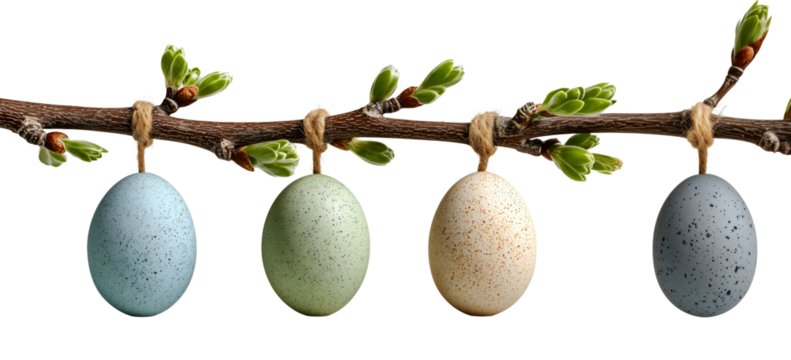 Pastel speckled Easter eggs hanging on willow branch with fresh green buds, minimalist spring holiday decoration isolated on transparent background. PNG