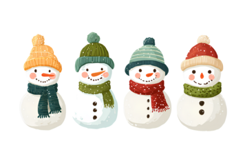 Cheerful snowmen collection with colorful scarves and hats in winter holiday spirit on transparent isolated backdrop