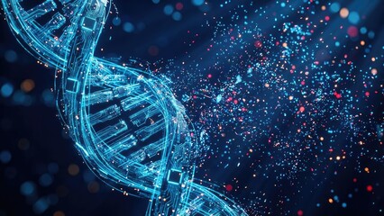 Illuminated dna strand with circuit board pattern and floating particles on a dark blue background