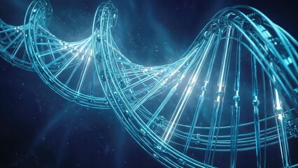 A detailed view of a dna strand structure with blue lighting and dark background and some particles