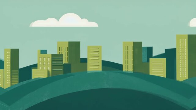 Minimalist Green Paper Cut Cityscape Animation Background with Rolling Hills and Clouds