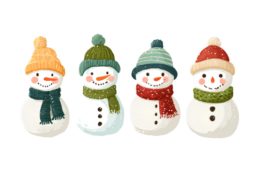 Cheerful snowmen collection with colorful scarves and hats in winter holiday spirit on transparent isolated backdrop