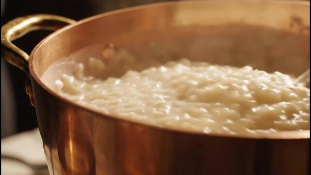 A wooden spoon stirs thick creamy rice porridge in a shiny copper pot