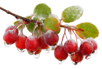 Close up crab apples branch with frozen ice and snow on transparent background illustration
