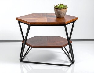 Fototapeta premium Modern wooden hexagonal side table with black metal legs, displaying a decorative succulent in a brown pot on top surface