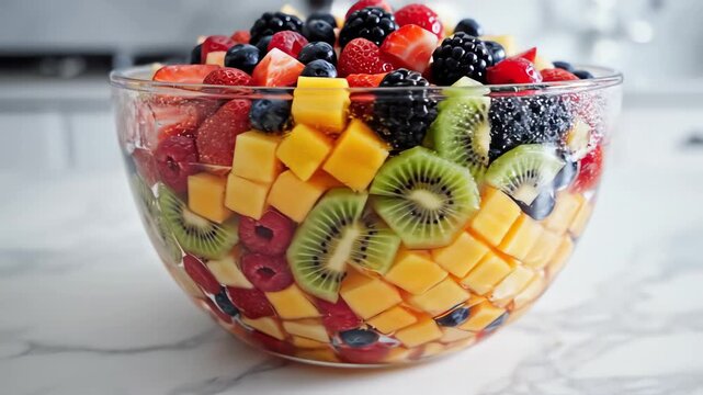 Seamless loop background video featuring a slow panning rotation around a huge glass bowl densely packed with assorted diced fruits and berries berries, smooth rotation, slow panning rotation