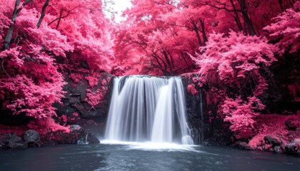 Surreal Pink Waterfall Landscape: Dreamy Nature Scene with Vibrant Foliage and Long Exposure Water Flow