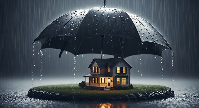 A miniature, glowing house model sitting on a small patch of grass is completely sheltered from heavy rain by a large, dark umbrella, symbolizing safety and insurance.