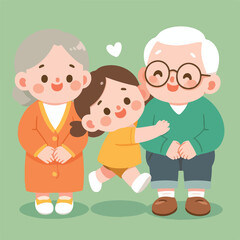 Happy Grandparents Hugging Grandchild Flat Vector