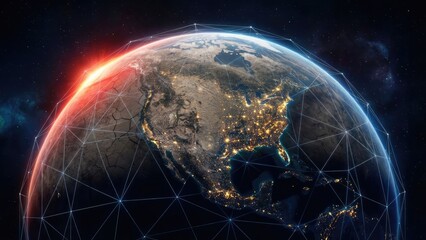 Earth view from space with network connections and city lights illuminating north america at night