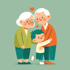 Happy Grandparents Hugging Grandchild Flat Vector