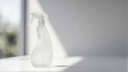 A clear spray bottle sits against a bright white background with soft sunlight