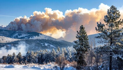 Wildfire Smoke Over Snow-Covered Mountains: Dramatic Landscape with Intense Cloud Formation and Winter Forest Scene
