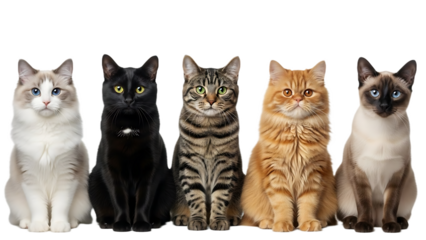 A row of five cats sitting side by side with different colors and breeds against a black background