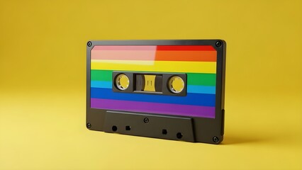 Fototapeta premium Retro audio cassette tape with rainbow pride flag colors on a yellow background.
