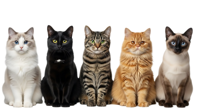 A row of five cats sitting side by side with different colors and breeds against a black background
