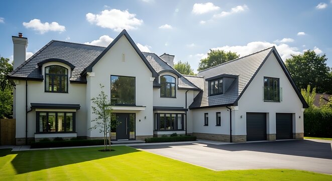 An attractive, large contemporary two-story luxury home featuring light grey stucco, a dark slate roof, black-framed windows, twin garages, and a bright green lawn on a sunny day.