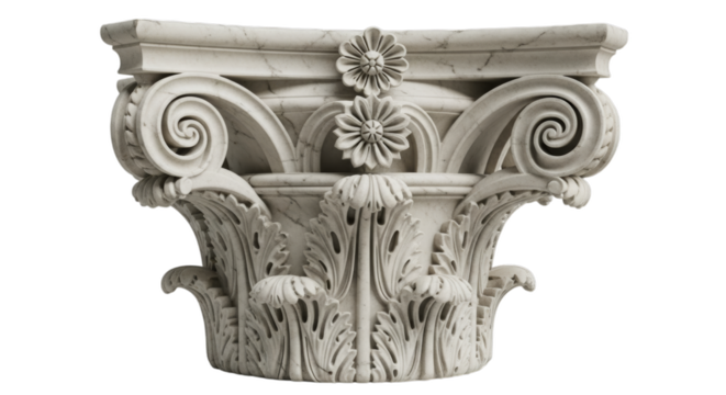 an exquisite marble capital from a classical Roman column, isolated on a transparent background. Ideal for architecture, heritage, ancient art, historical design, and structural elements.