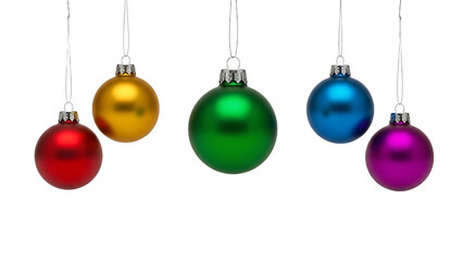 A festive row of five colorful, shiny Christmas baubles hanging in the air, isolated on a clean white background for easy design use