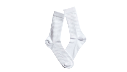 Two pristine white ribbed socks intersecting on a black backdrop