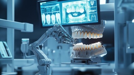 A small futuristic robot operates in a high-tech lab examining a glowing red-blue holographic jaw