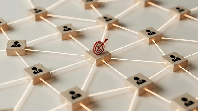 Wooden blocks with people icons connected by light beams to a central target network - Powered by Adobe