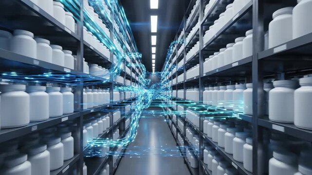 Seamless loop of glowing digital data flowing dynamically across highly organized shelves stocked with generic medicine containers representing inventory tracking and supply chain logistics modern sys