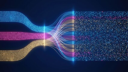 Abstract data flow with binary code streams converging into a unified information field