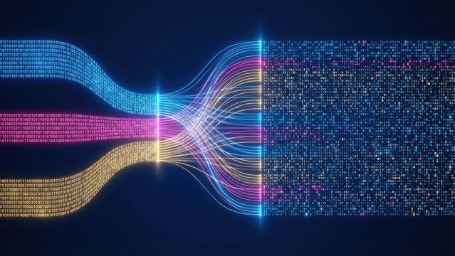 Abstract data flow with binary code streams converging into a unified information field