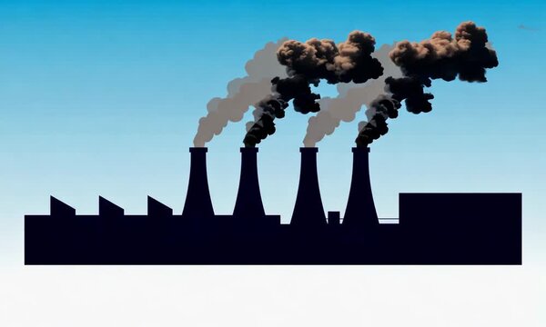 Silhouette of Industrial Factory Smokestacks Emitting Dark Smoke into Blue Sky