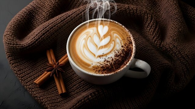Steaming Hot Latte with Beautiful Latte Art and Cinnamon Sticks. - Powered by Adobe