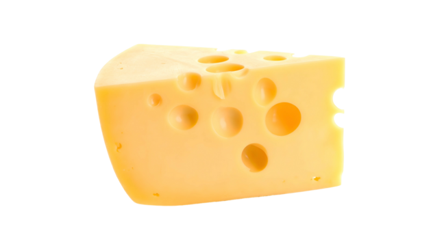 Triangular cheese wedge with holes against a black background