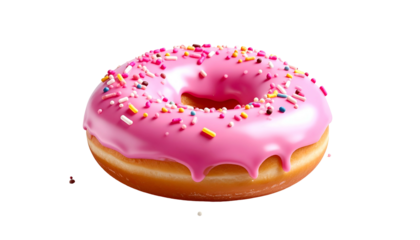 Glossy pink frosted donut covered in colorful sprinkles